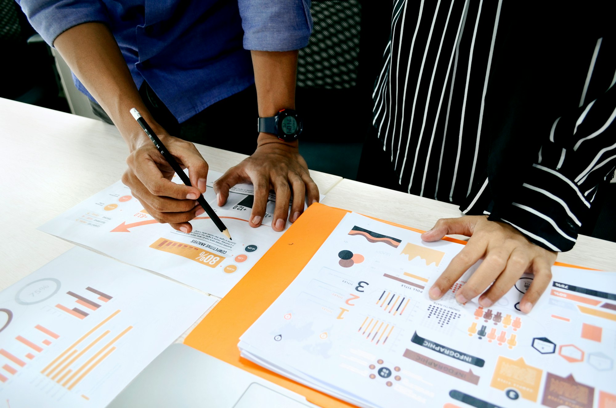 Team reviewing data presentation charts and business insights