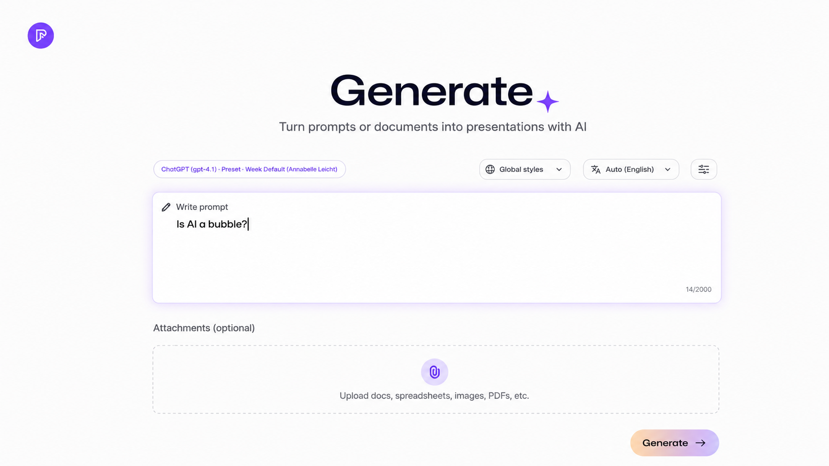 Enter a prompt to generate an AI presentation in Presenton