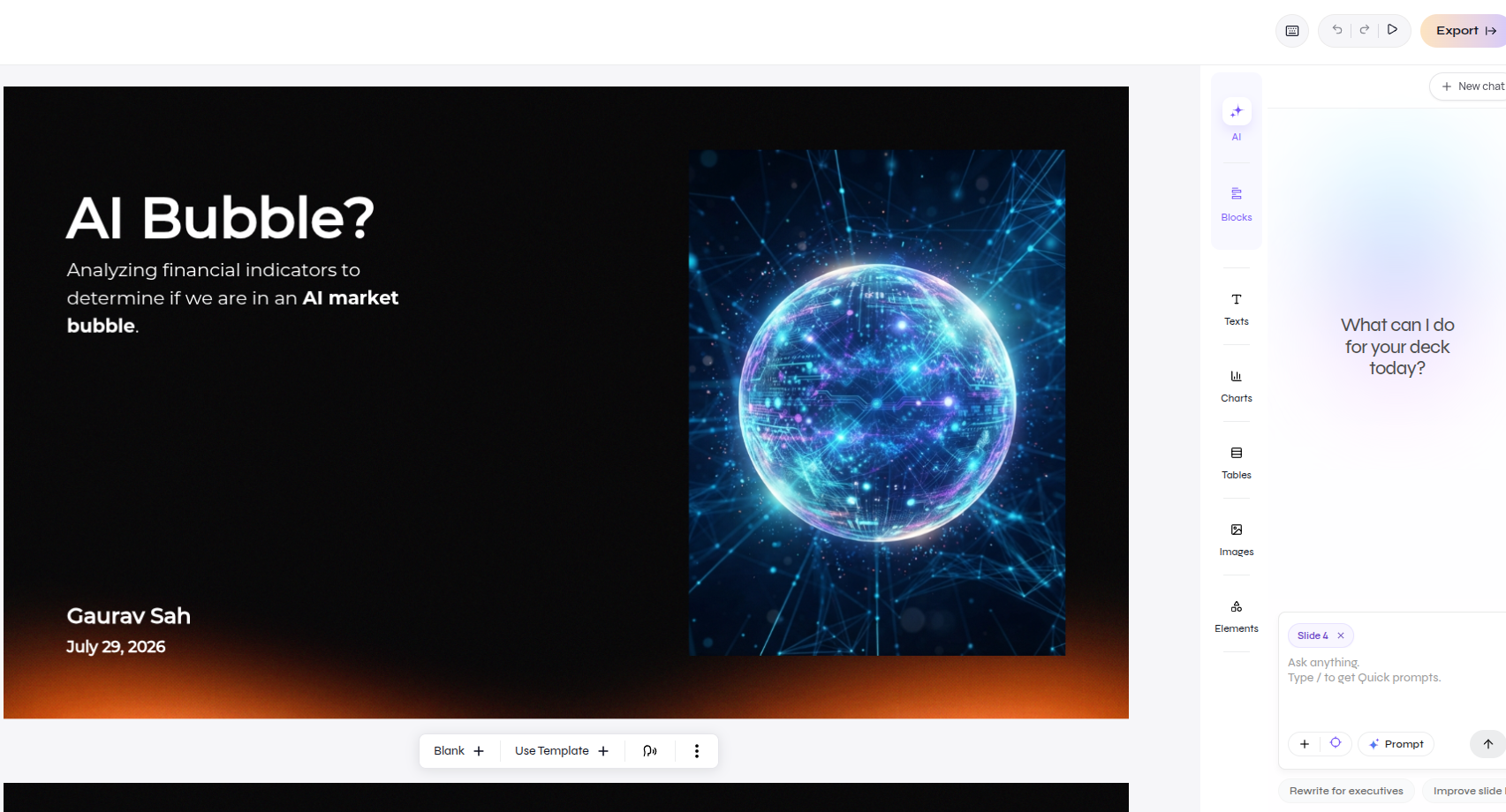 Review and export an AI presentation created with a custom template
