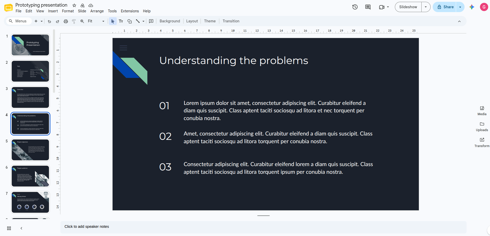 Google Slides presentation creation and interface