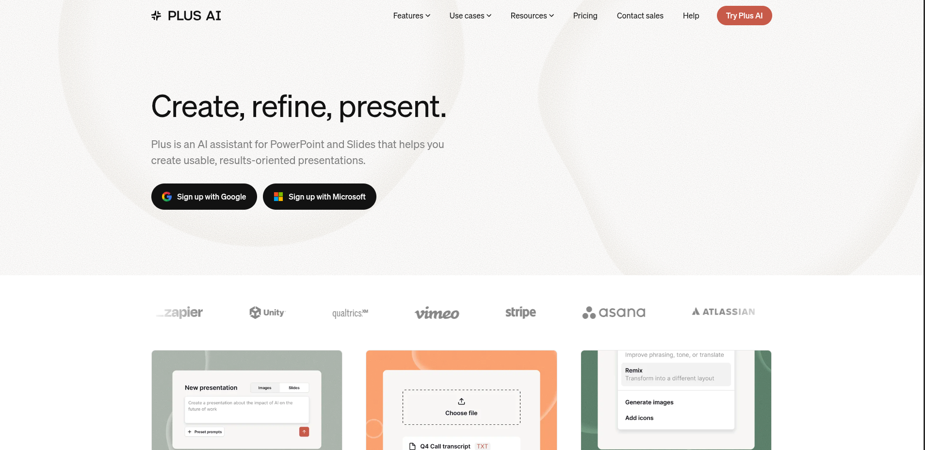 Plus AI presentation creation and interface