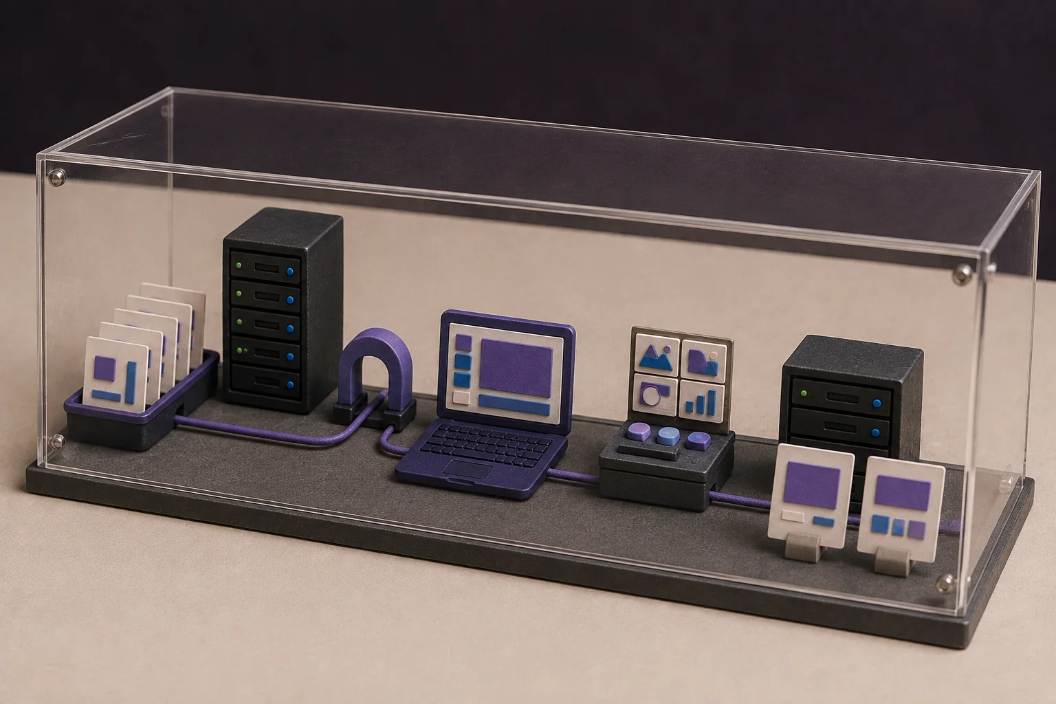 Handmade miniature showing source documents moving through a local model server, Presenton application, local image workflow, and private storage inside one sealed network boundary