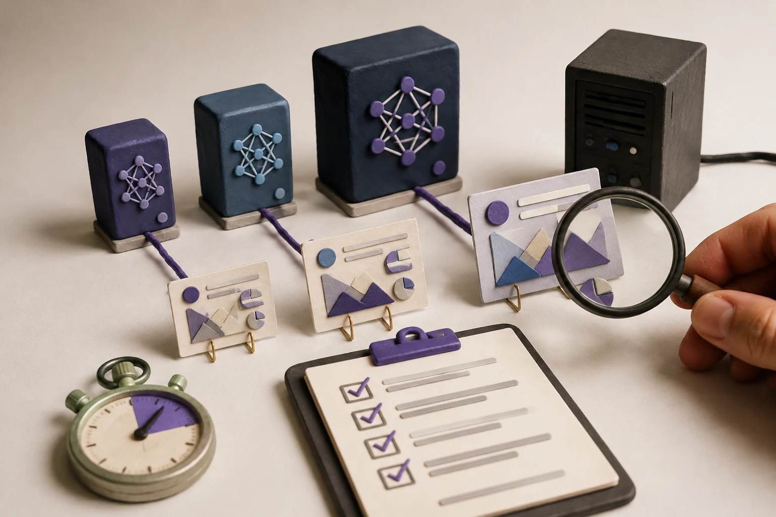 Handmade miniature of a local AI model benchmark with model blocks, presentation cards, stopwatch, checklist, local server, and reviewer magnifying glass