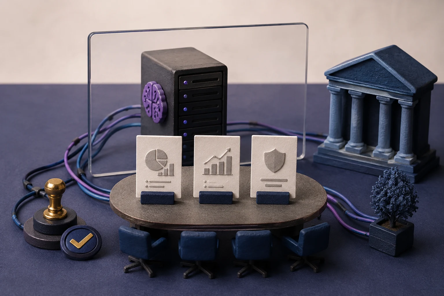 Handmade miniature of a private financial-services presentation workflow with board and client presentation cards, a local AI server, approval marker, and secure data path
