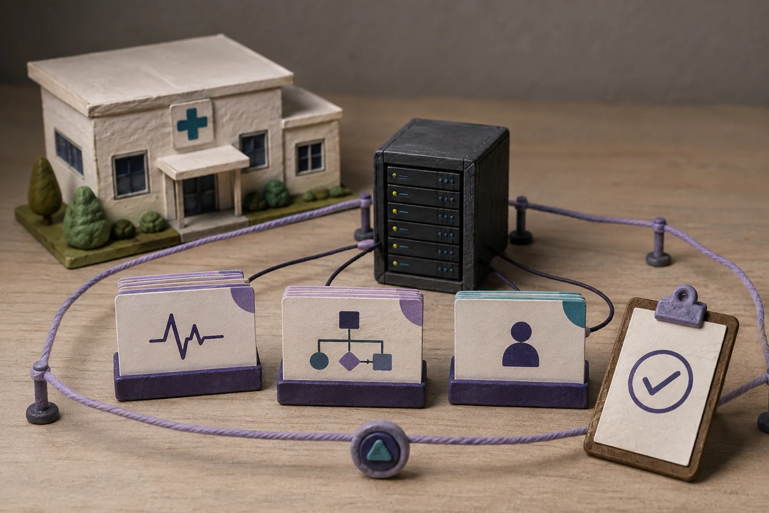 Handmade miniature of a private healthcare presentation workflow with a clinic, local server, clinical and operations slide cards, and review clipboard