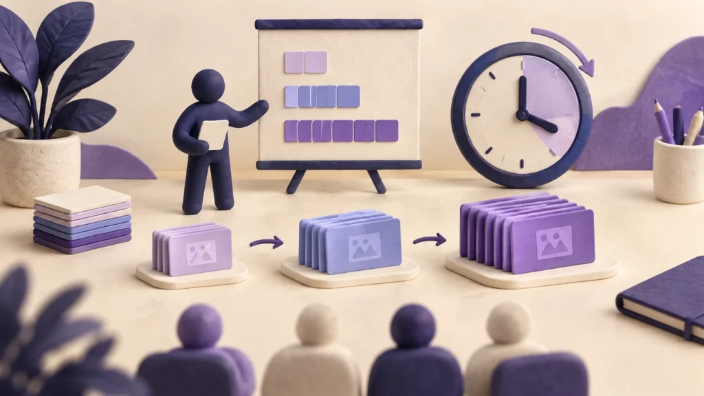 Handmade presentation planning scene showing slide cards arranged around a clock to represent pacing and timing