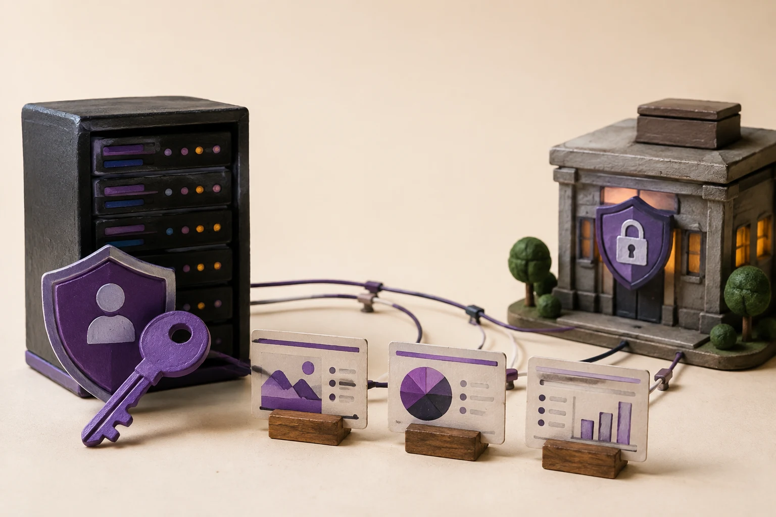 Handmade miniature of an OpenShift and Keycloak private AI presentation workflow with a local server, identity shield, connected slide cards, and secure office cluster