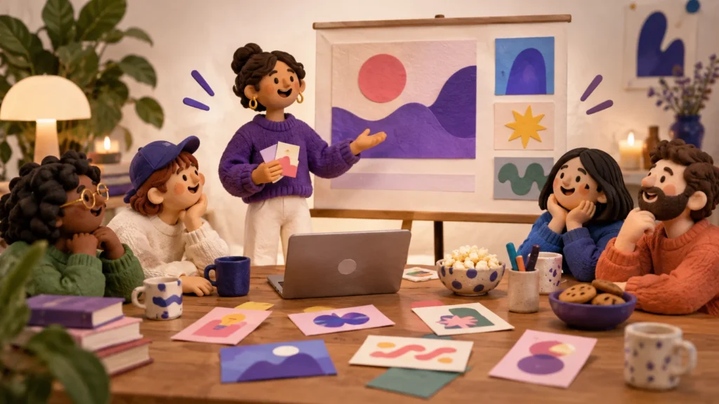 Handmade group of friends sharing colorful presentation ideas around a laptop and presentation board