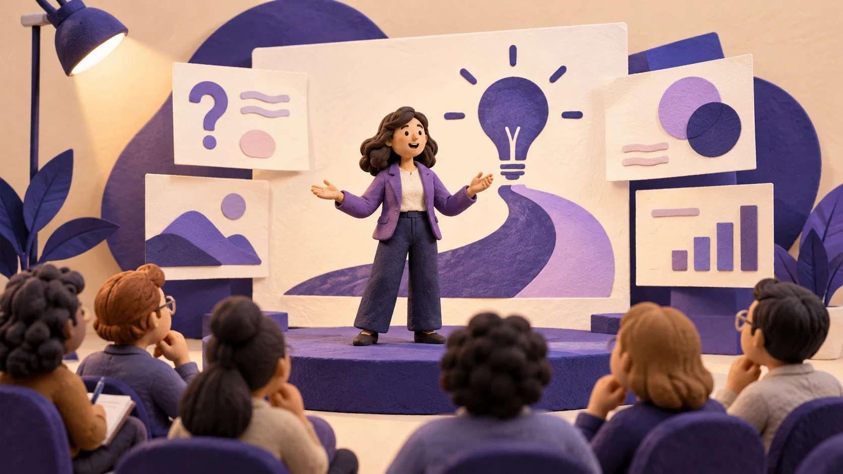 Handmade presentation scene showing a speaker opening with an attention-grabbing hook for a curious audience