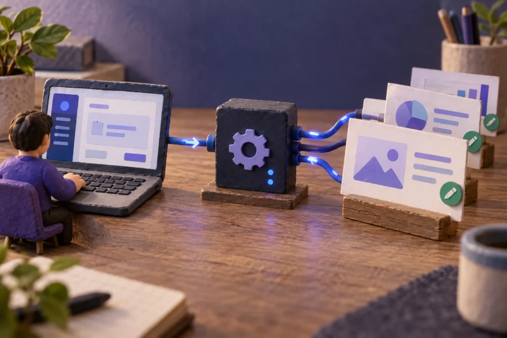 Handmade tabletop scene showing a SaaS application sending a request through an API gateway and receiving editable presentation slides