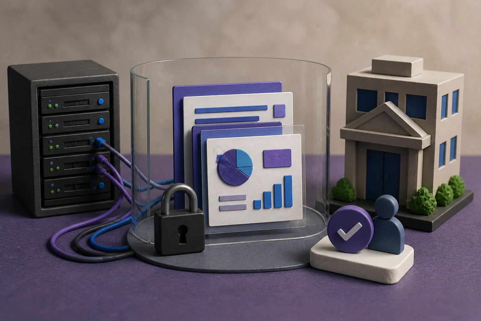 Handmade miniature of a private banking document workflow with a financial-services building, local server, secure document cards, and reviewer marker