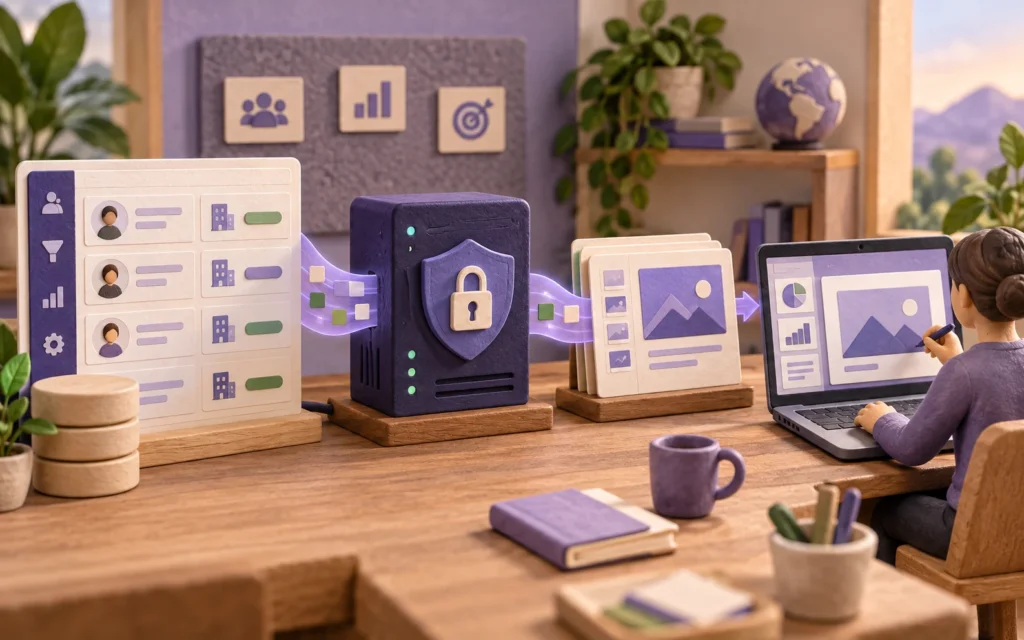 Handmade miniature of a private CRM workflow turning approved account context into an editable sales presentation for enterprise review