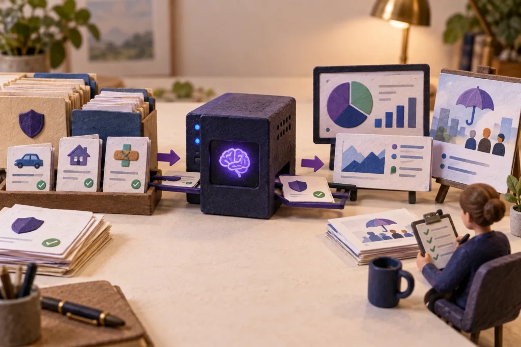 Handmade insurance workflow showing policy and claims records moving through private AI into portfolio and broker presentations