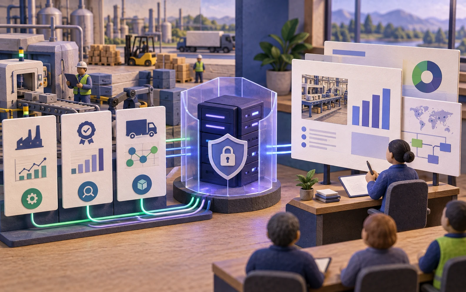 Handmade miniature of a manufacturing operations workflow turning plant, quality, and supply-chain data into an editable private AI presentation